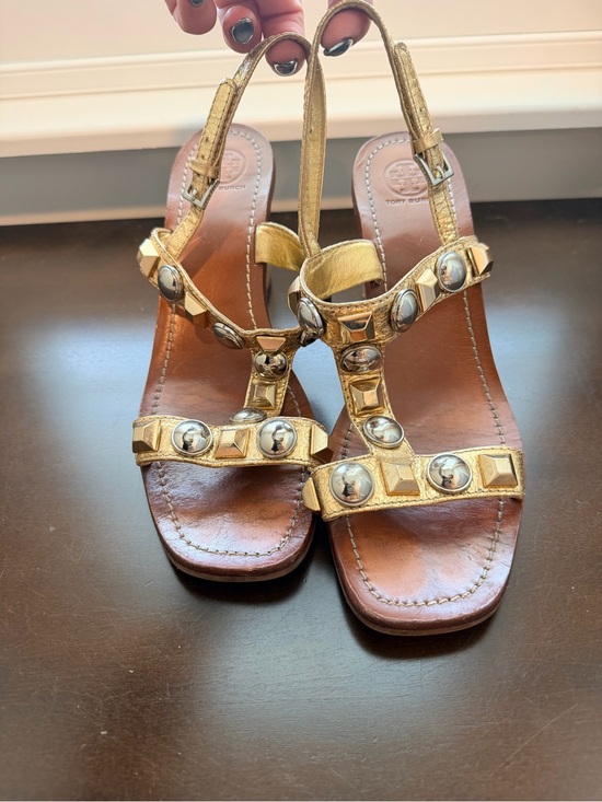 Tory Burch Shoes - Tory Burch Gold Leather Studded T-Strap Slingback Sandals